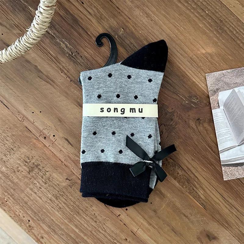 Женские носки в горошек с милым бантом для девочек JK Lolita Kawaii, носки в корейском стиле, в стиле Харадзюку, в стиле ретро, в уличном стиле, хлопковые носки средней длины