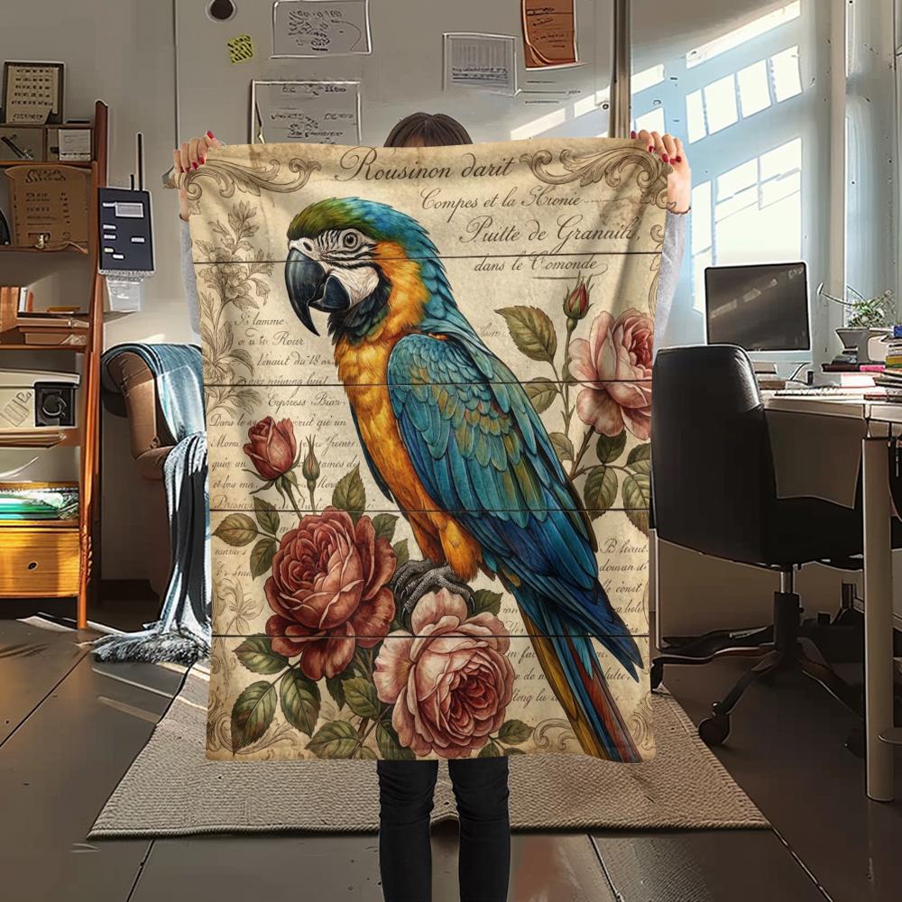 1PC Retro Parrot Peacock Print Flannel Blanket, High quality All Seasons, Home Decor, Warmth and Comfort, Perfect for Christmas Gifts