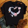 New Women Black T Shirt Feather Flower Love Heart Printed Tops Ladies Female Cute Graphic Tee Shirts Women O-Neck T-Shirts Tops