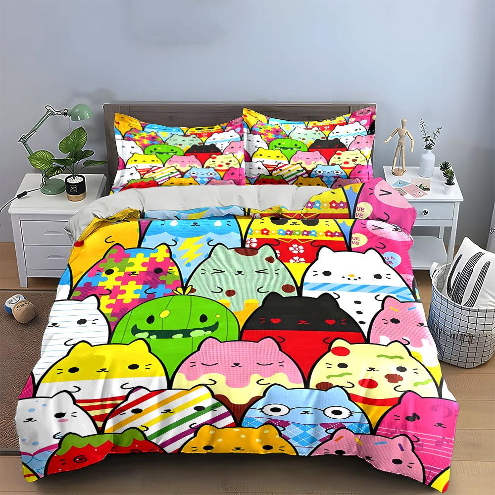 3Pcs Cute Multi-pattern Chubby Cat Bedding Set, Kawaii Cartoon Kitty Repeat Print Duvet Cover 2 Pillowcases King Queen, Gift