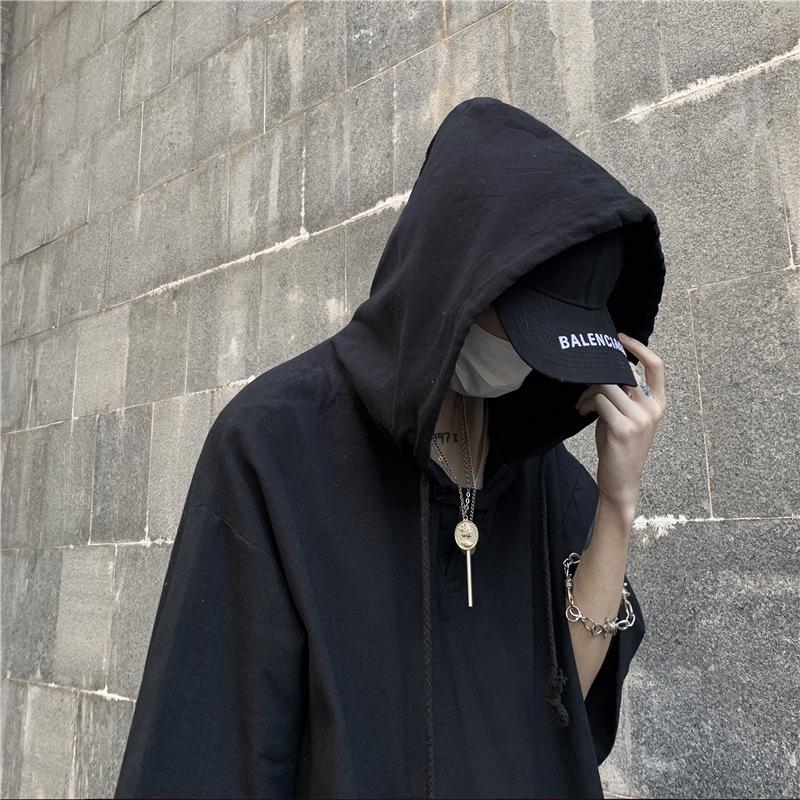 Темная трендовая мужская хип-хоп футболка оверсайз с капюшоном и коротким рукавом в корейском стиле