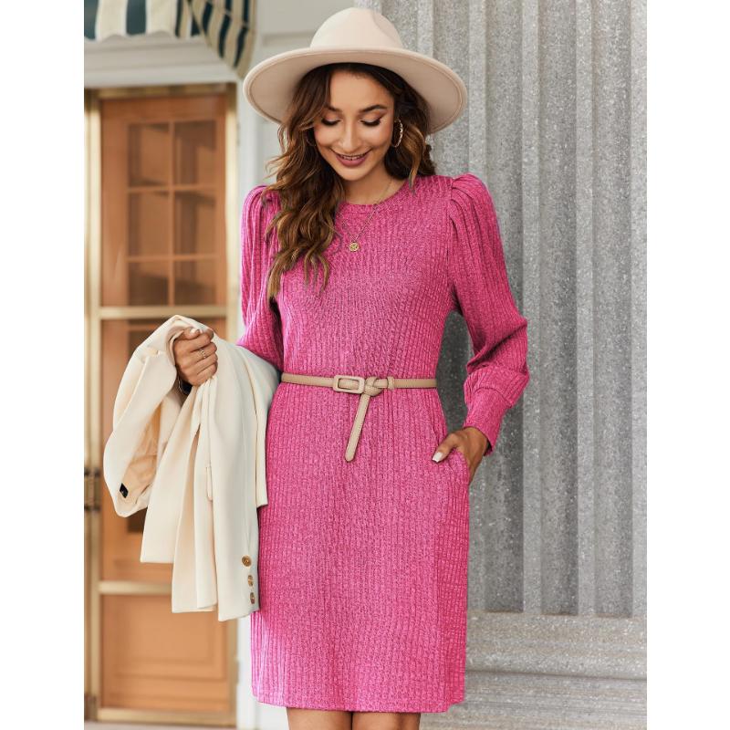 Женское платье с длинным рукавом-фонариком, повседневное трикотажное платье с круглым вырезом длиной до колена