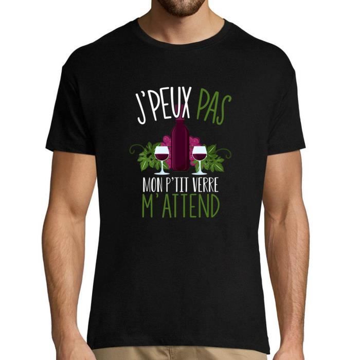 T-shirt Homme - J'peux pas mon p'tit verre m'attend - Noir - Manches courtes - Col arrondi - Coupe Regular
