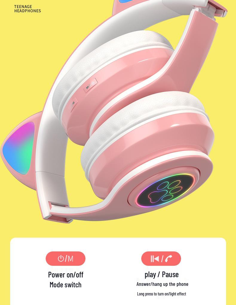 Светящаяся Bluetooth-гарнитура с ушками кошки B39: Складной, Слот для карт, Беспроводные наушники, Универсальная совместимость