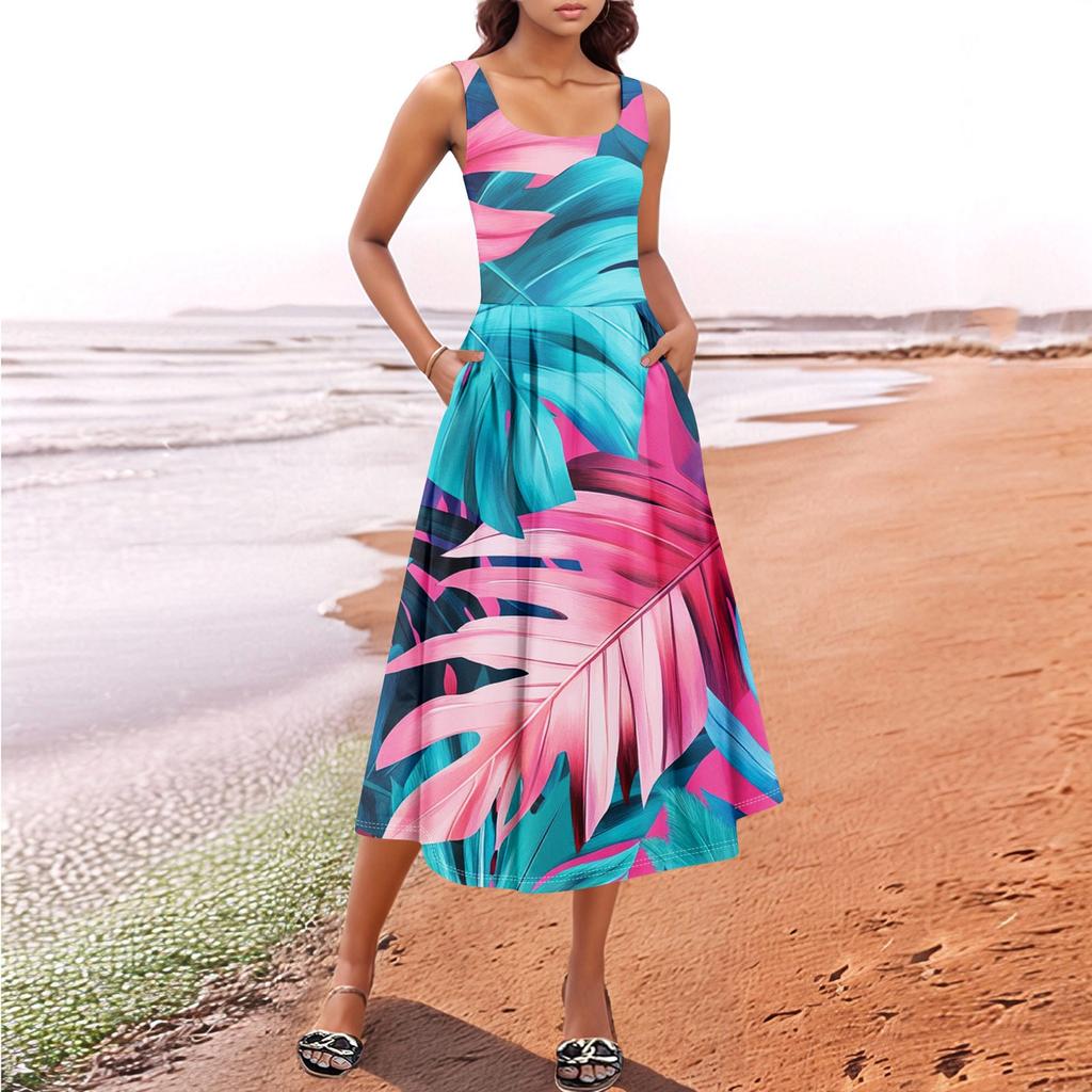Women's Summer Spring Casual Floral Sundress Sleeveless Beach Vacation Flowy Boho Tank Midi Dresses