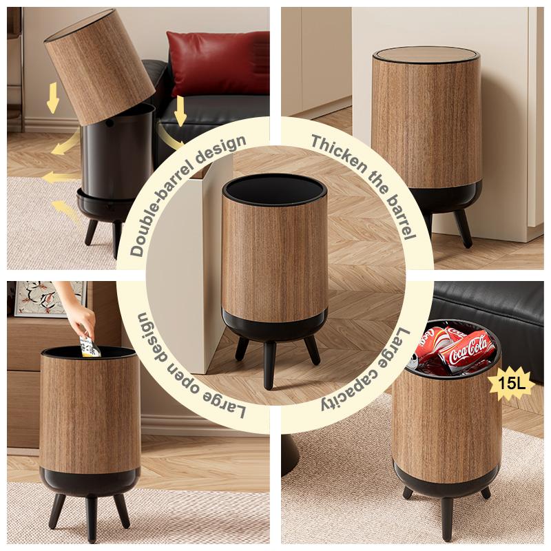Wood-grain trash cans, classic-style trash cans with stands, shell-shaped trash cans that resist warping—perfect for the living