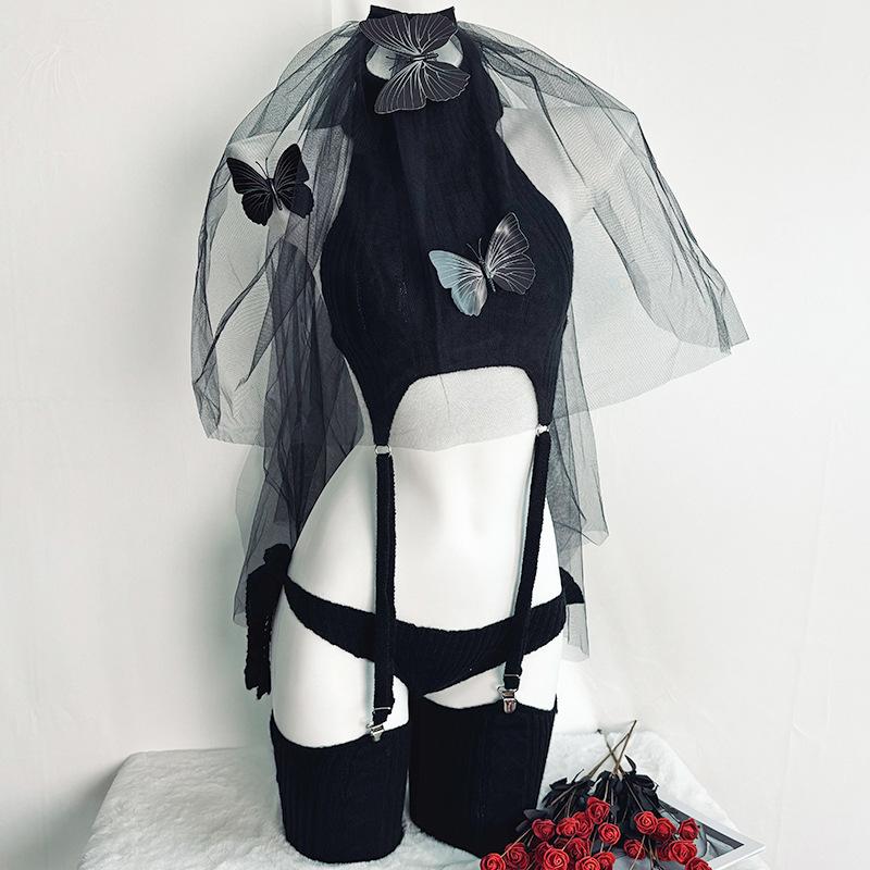 Эротический Сексуальный Аниме Кошка Девушка Серый Свитер Гольф Форменная Одежда Косплей Женщины Вязаная Одежда с Открытой Спиной Чулок с Подвязкой Костюм