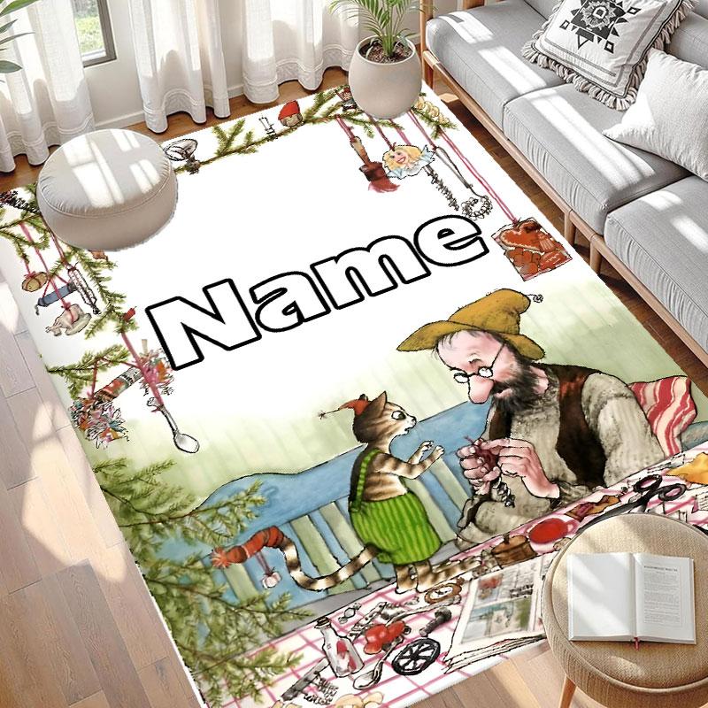 Custom Name Personalized Pettersson und Findus Print Carpet, Versatile Home Decor Rug, for Playroom, Apartment, Balcony, Entryway, Hallway Gift