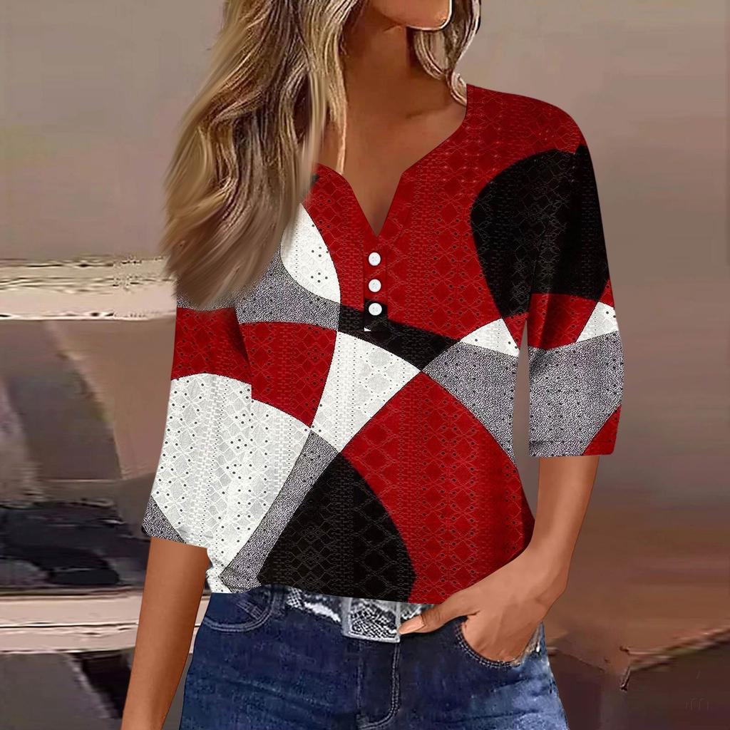 Women's Fashion V-Neck Button Seven Sleeve T-Shirt Casual Geometric Splicing Printed Top