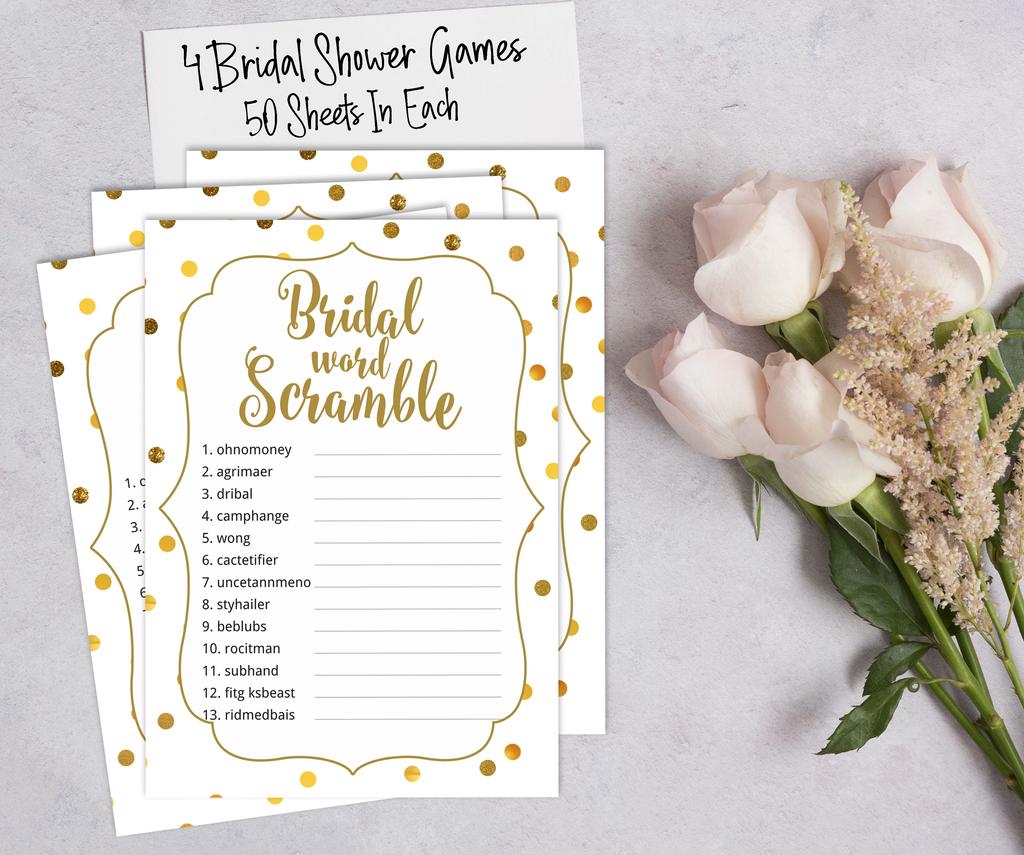 Inkdotpot Набор игр для девичника Золотое конфетти из 4(50 листов каждый) w От мисс до миссис Голд Баннер Веселые игры для свадебного душа