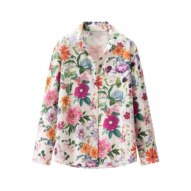 Womens Floral Print Poplin Shirt Loose Fit Long Sleeve Button-Down Top 2025 Elegant Vintage Style