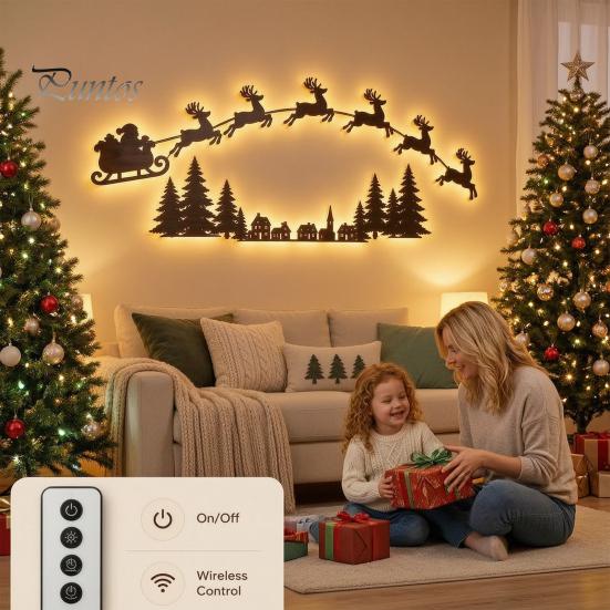 Santa Sleigh Wall Art Illuminated Wooden Christmas Light Set, LED Reindeer And Pine Trees Village Set Indoor Lighting with Remote Control, Peel Stick