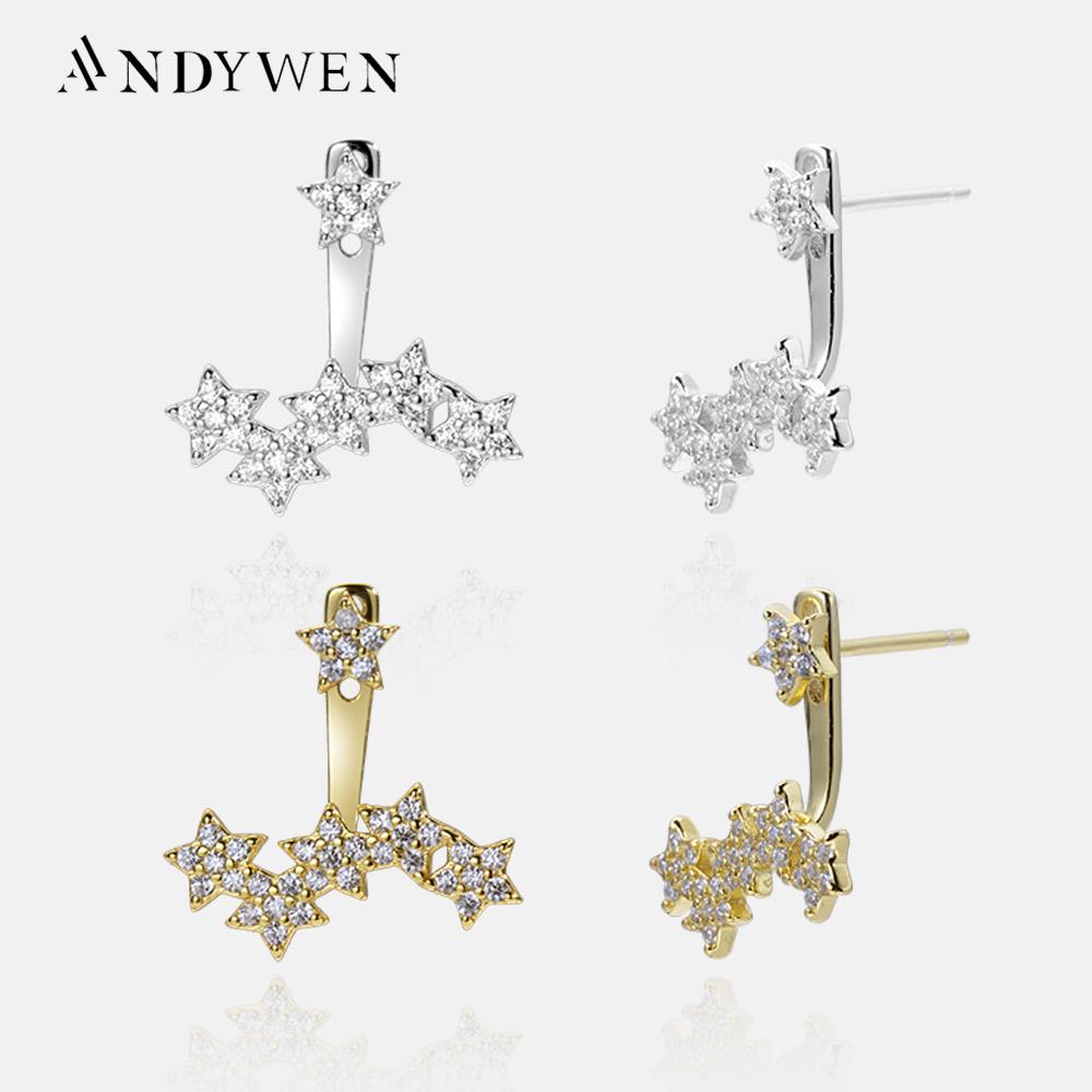 ANDYWEN 925 Sterling Silver 1pair Silver Gold Zircon Star Star Stud Earring Ladies Elegant Luxury Jewelry