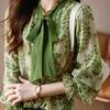 Office Lady Broken Flowers Shirt Spring Autumn Stand Collar Chic Drawstring Bow Women's Clothing Commute Single-breasted Blouse