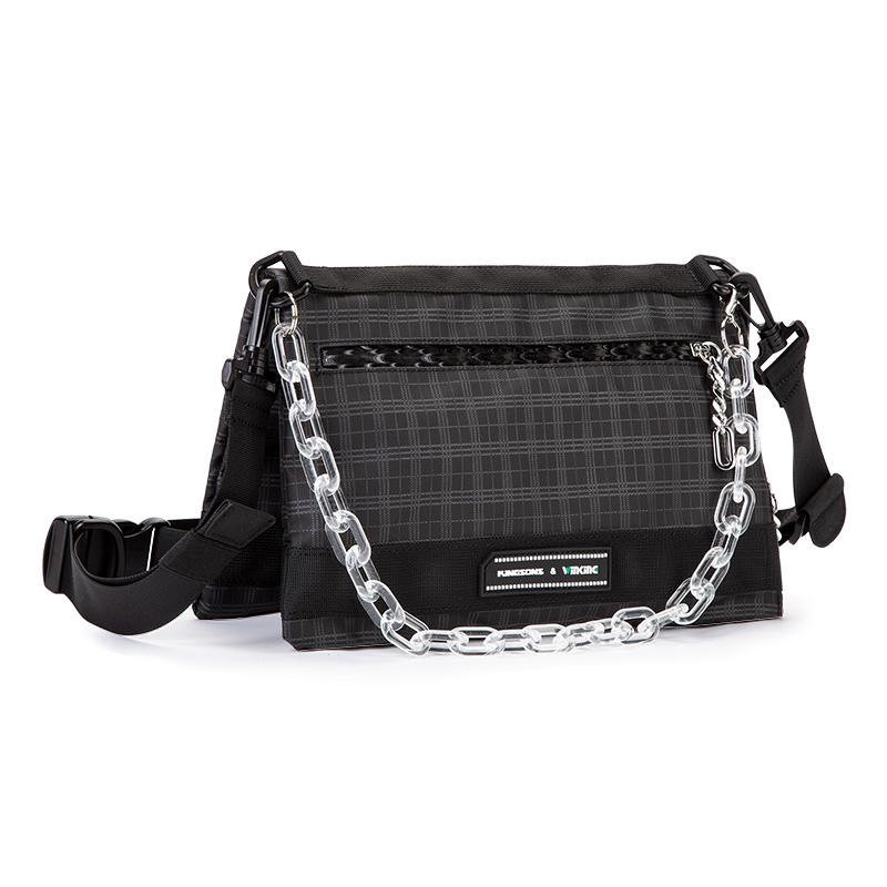 Men Women Chain Single Shoulder Bag Foldable Messenger Bag Chain Casual Plaid Chest Bag Small Crossbody Bag Waterproof Black