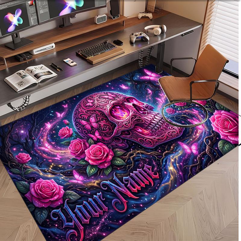 Skull Gothic Theme Soft Crystal Velvet Rug Custom Name & Text Print Non Slip Floor Rug for Bedroom Living Room