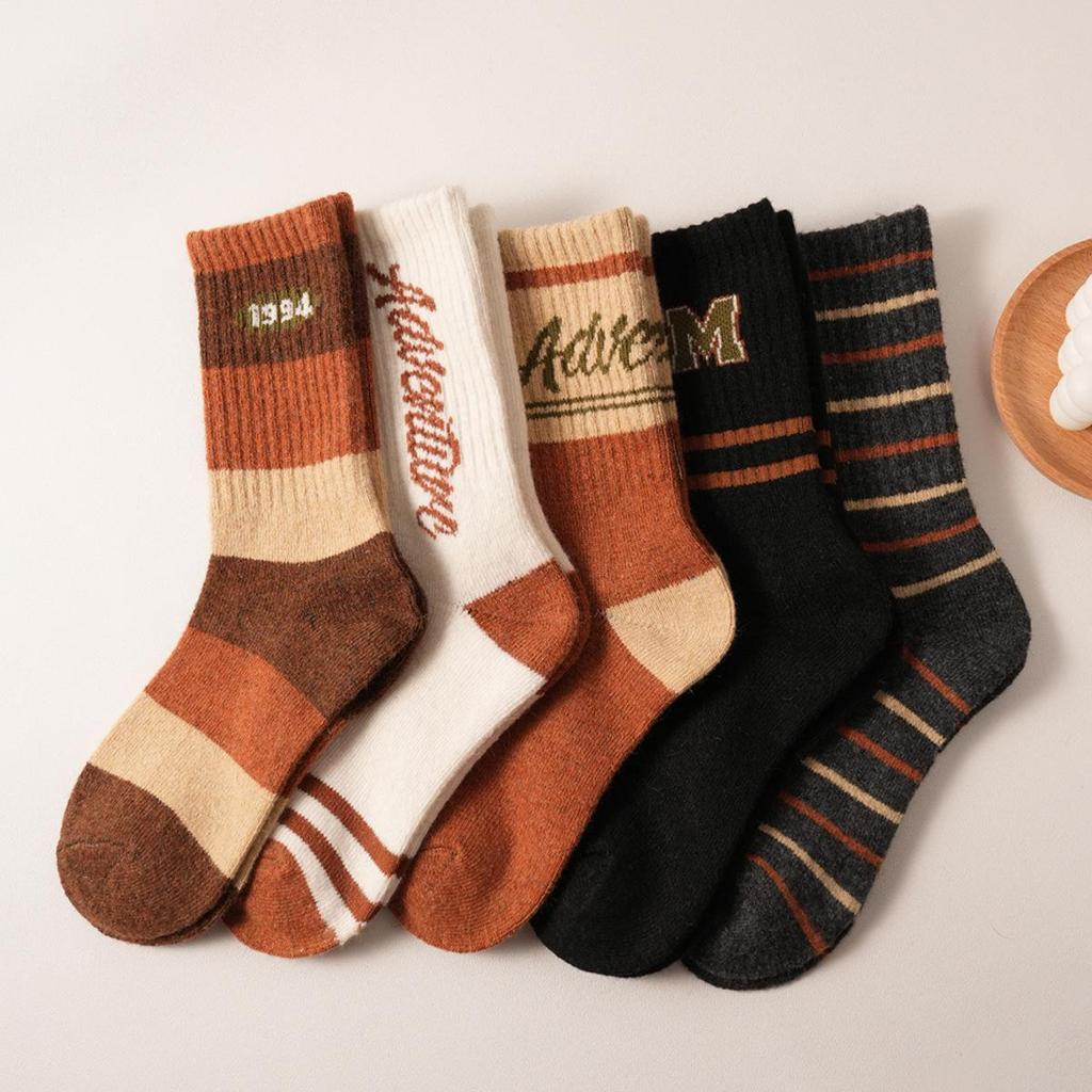 Women's Wool Socks - New Autumn/Winter Korean Striped Mid-Tube with Lettering, Heat-Storage, Warm, Trendy Pile Socks