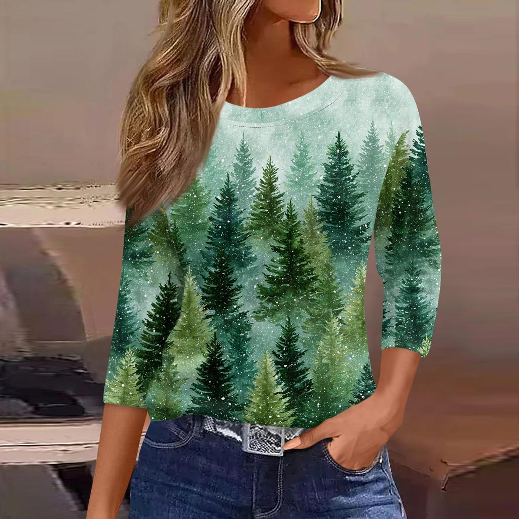 3/4 Length Sleeve Womens Tops Floral Print Vintage Fashion Casual Loose With Round Neck Plus Size Shirts