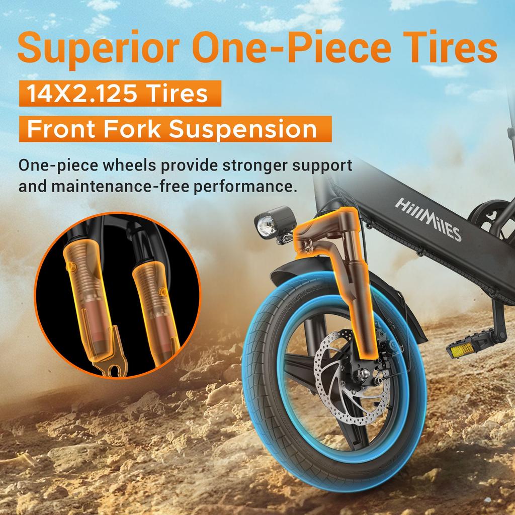 HillMiles Mile 1 14" Portable Folding Electric Bicycle with 250W 36V10.4Ah, Disc Brakes, Step-Through Frame for Daily Commute & Leisure