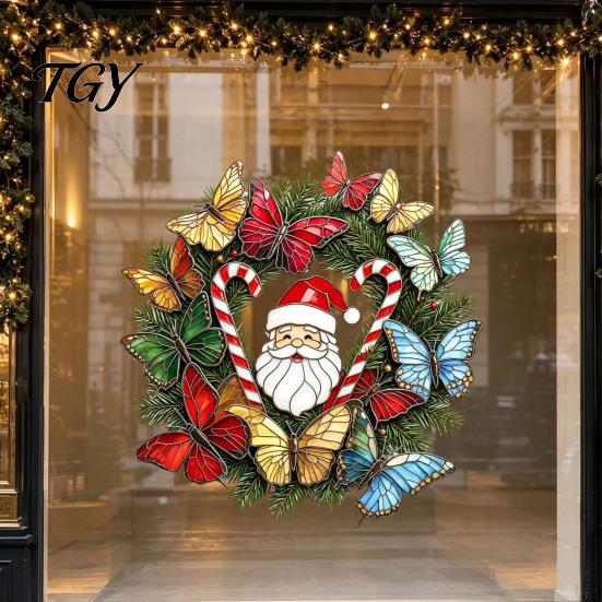 Easy Apply Window Decals Christmas Wreath Sticker, Stained Glass Style, Removable Santa Butterfly Candy Claus Cane Decal, PVC Static Cling
