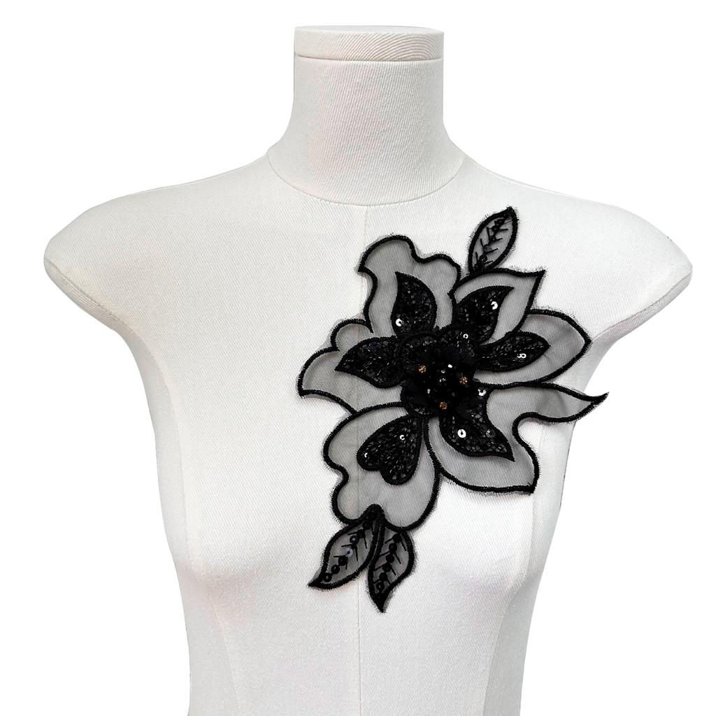 Однотонная сетчатая вышивка с пайетками, тканевая наклейка с цветком, аппликация тяжелой промышленности, декоративное кружево для одежды