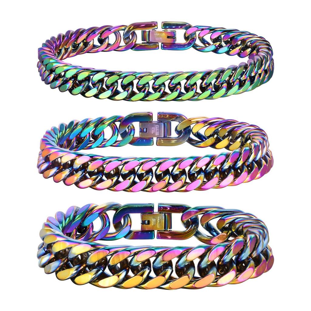 8mm/10mm/12mm Cuban Link Stainless Steel Man Bracelet Rainbow Colored Square Link Wristband Jewelry Gift for Dad Valentine's day