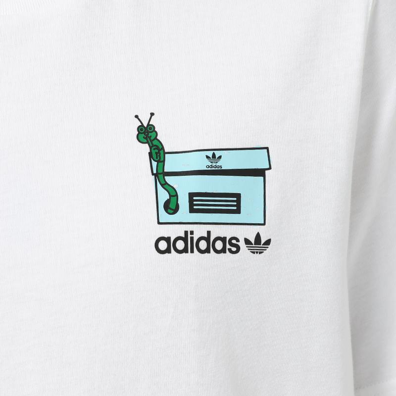 adidas Оригинальная футболка с изображением трилистника и червячка на груди с забавным принтом обувной коробки, мужские топы с короткими рукавами, белые GN2147