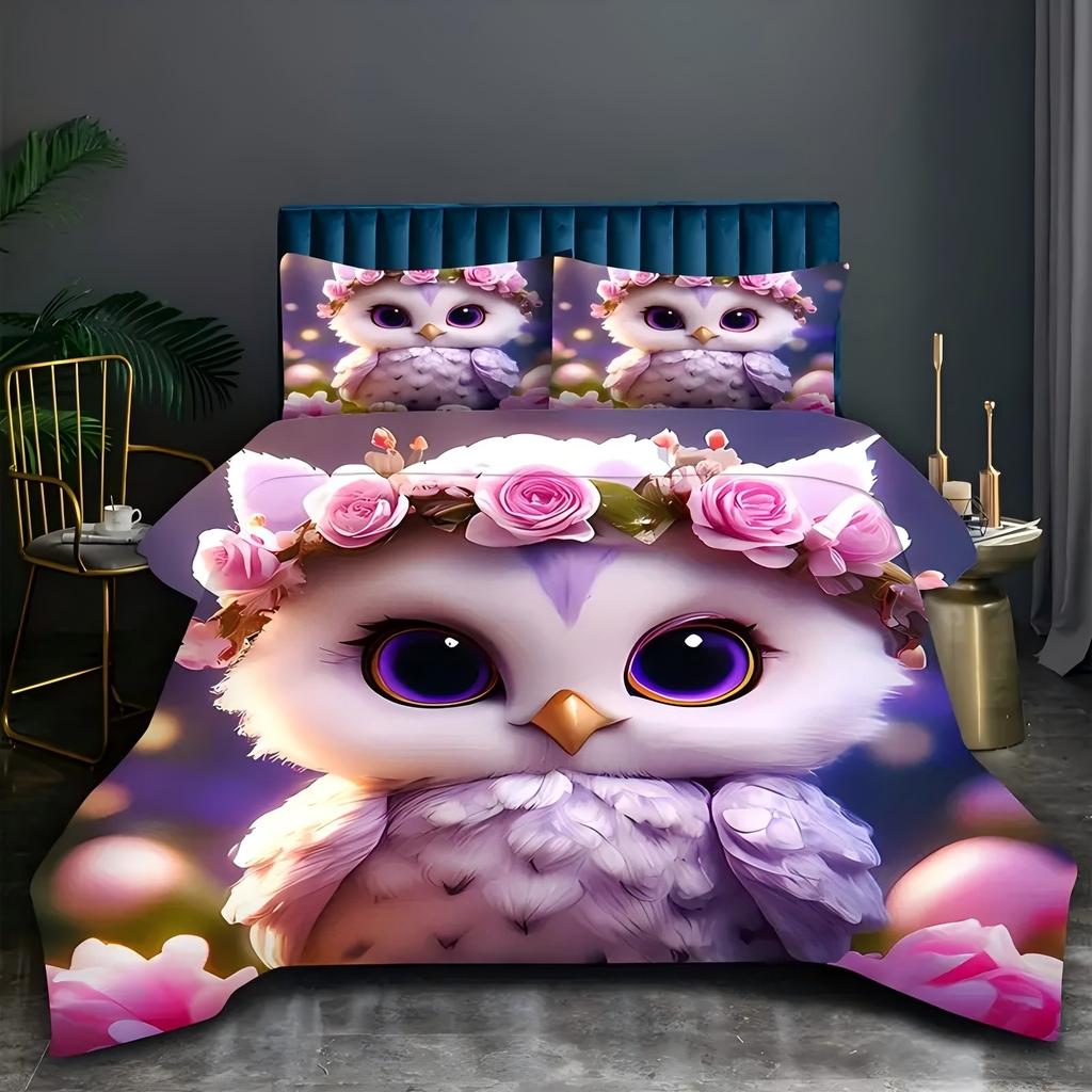 Милый узор совы 3D-печать Пододеяльник Мультяшный стиль с животными Комплект постельного белья Наволочки Полиэстер Мягкий Удобный Комплект пододеяльника