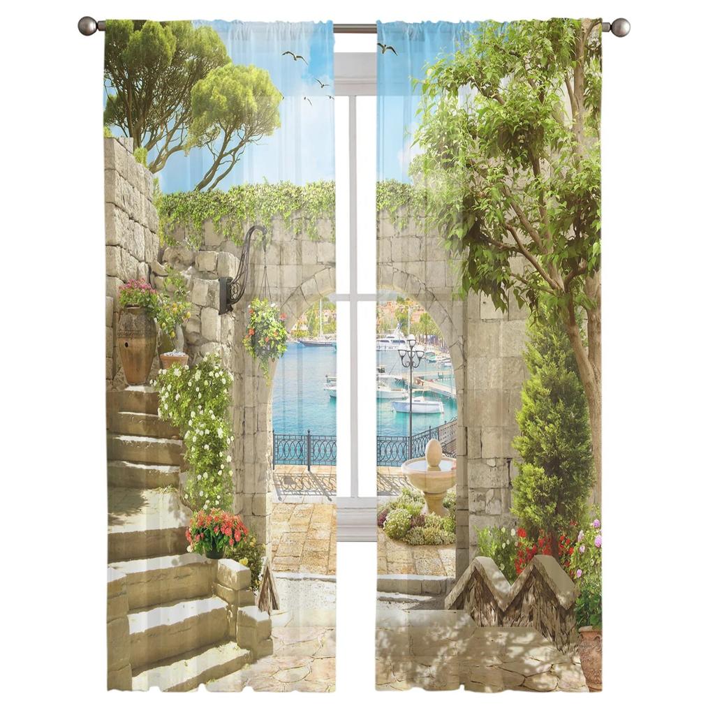 Italian Arches Building Seascape Sheer Curtains for Living Room Bedroom Decoration Chiffon Tulle Voile Kitchen Window Curtain