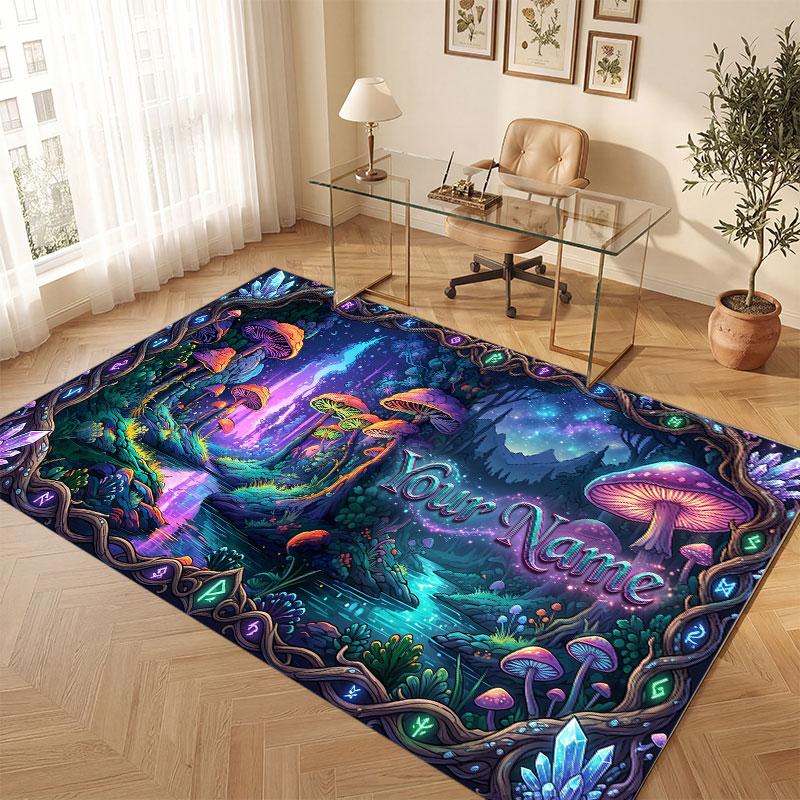 Mushroom Forest Theme Crystal Velvet Floor Rug Personalized Custom Name Text Warm Carpet Home Decoration