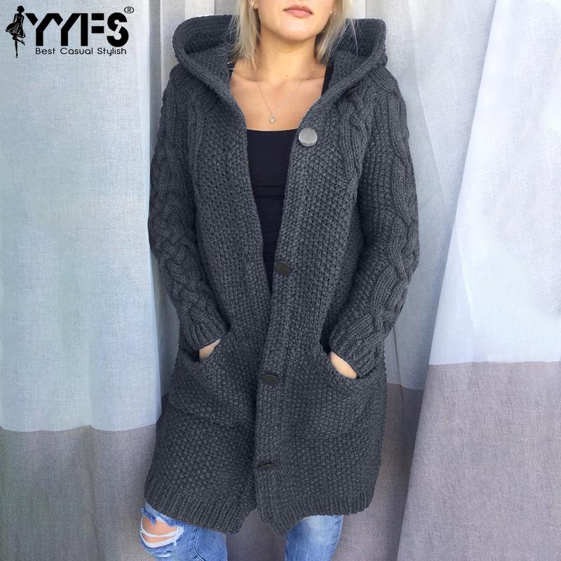 YYFS Женская мода повседневная осень-зима однотонная с принтом с длинным рукавом и капюшоном женская одежда шерстяной трикотаж свитера пальто