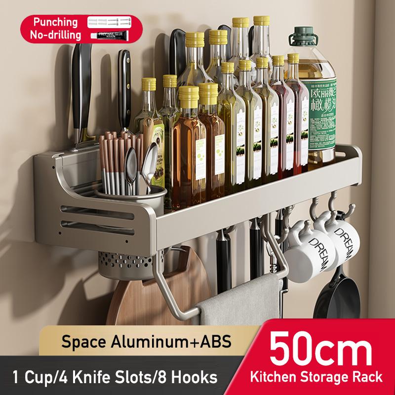 Kitchen Organizer Shelf Wall Mounted Spice Rack Seasoning Holder Dishcloth Towel Rack Knife Spoon Fork Shovel Storage Shelves