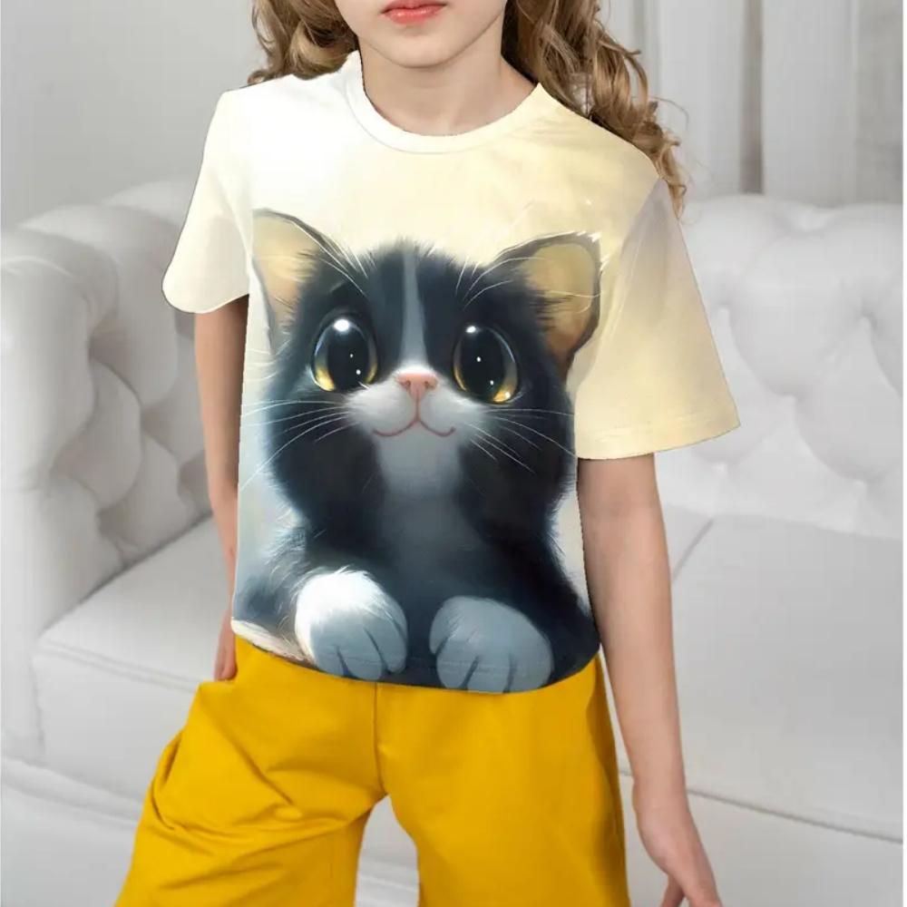 Cat casual comfortable pattern T-shirt printed with cute and interesting summer streetwear, photo girl T-shirt