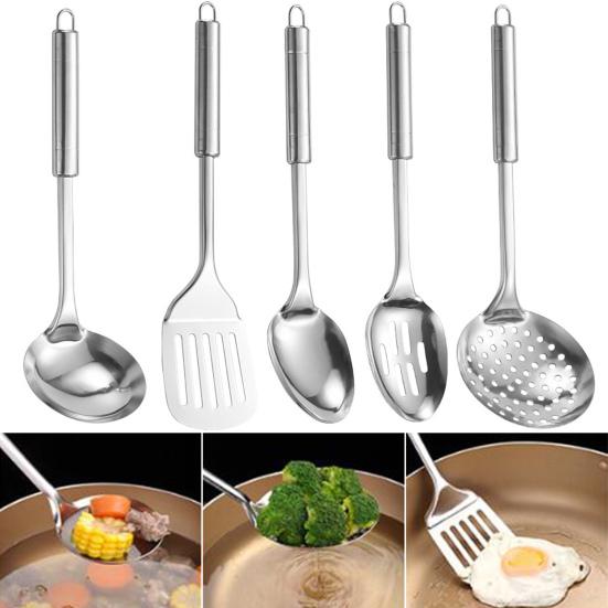 5Pcs Stainless Steel Kitchen Utensils Set Heat Resistant Non-Stick Spoons Spatula with Hanging Hole Ergonomic Handle Cooking Tools