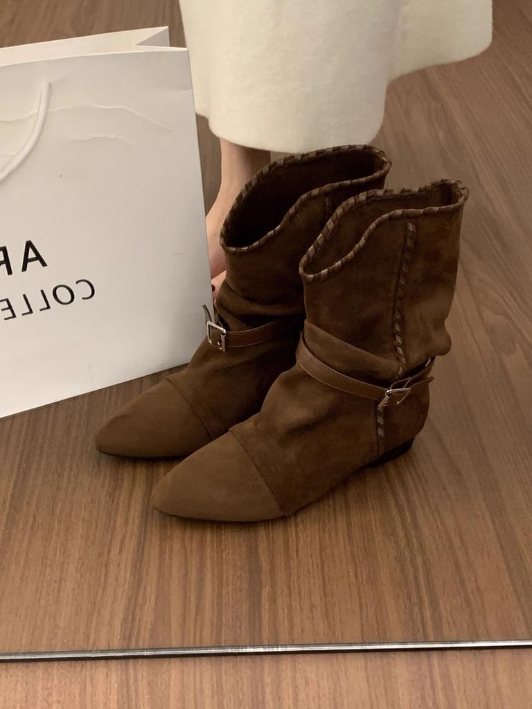 Ретро плиссированная пряжка ремня остроносые ботильоны женские новые с внутренней платформой универсальные удобные ковбойские сапоги в западном стиле