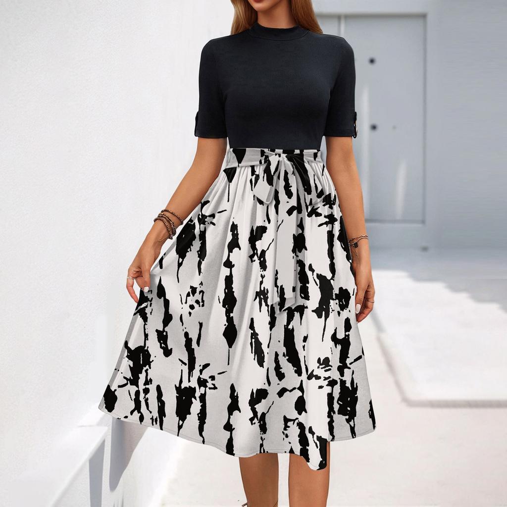 Women's Fashion Casual Belt Short Sleeve Round Neck Floral Elegant Temperament Dress