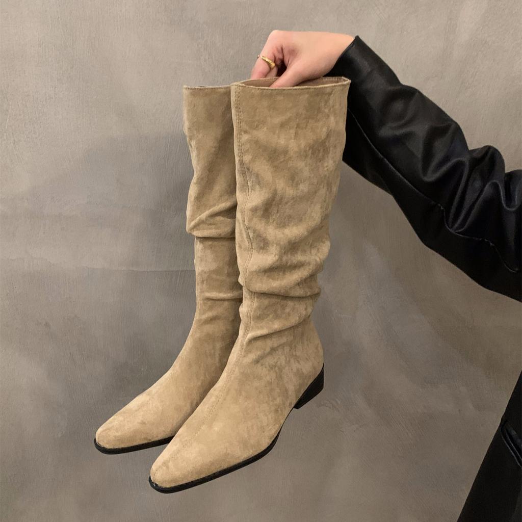 Модные высокие ботинки с острым носком женские на среднем каблуке замшевые массивные хлопковые туфли женские тренд 2024 готика челси ботфорты туфли-лодочки ботинки женские