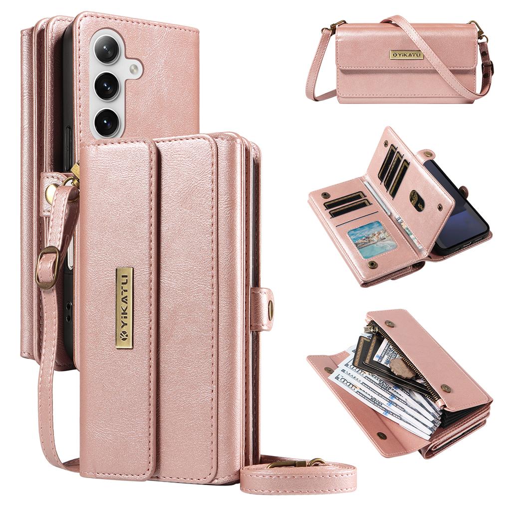 For Samsung Galaxy S24 FE Case YIKATU YK-008 Zipper Wallet Leather Phone Cover with Shoulder Strap