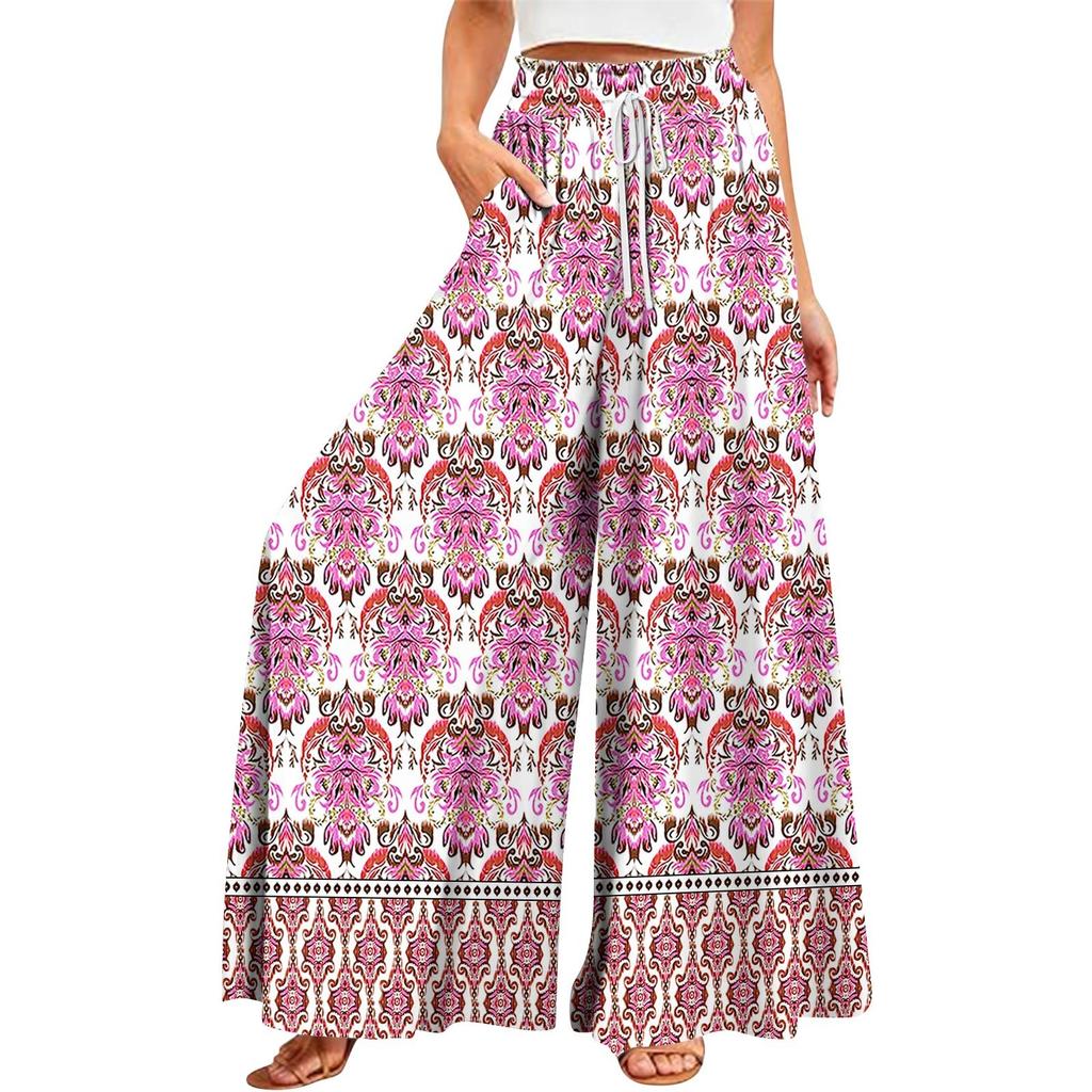 Женские летние широкие брюки с высокой талией и струящимися карманами, модные повседневные повседневные пляжные брюки в богемном стиле с принтом