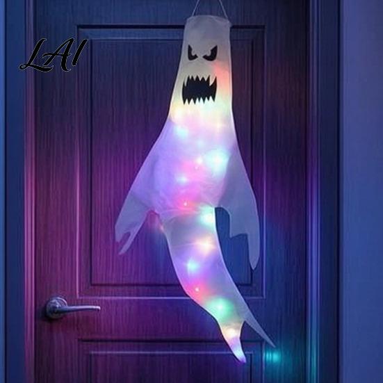 Halloween Garden Atmosphere Lights 47 Inch Hanging Ghost Windsock with LED Lights Luminous Flying Ghosts Front Door Decor Flag Wind Socks for