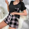 Women's Graphic Pajamas Sets Crew Neck Short Sleeve Top Plaid Shorts Sleepwear Set Summer Two-Piece Loungewear Outfit