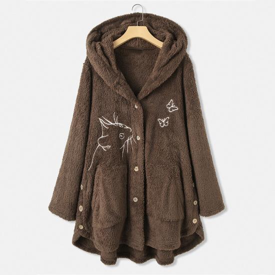 Women Winter Coat Thick Warm Thermal Long Sleeves Buttons Plush Butterflies Cozy Cat Pattern Winter Hoodie Coat for Outdoor
