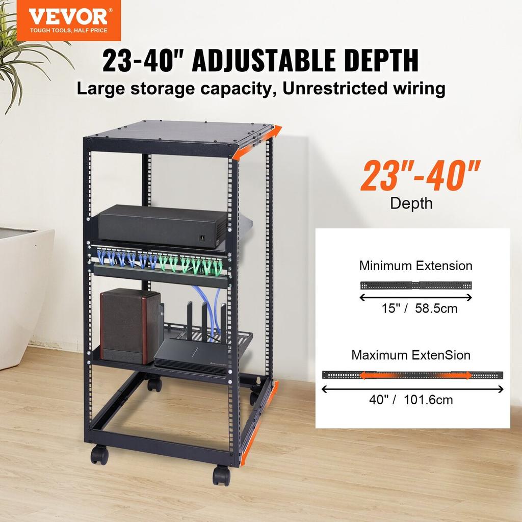 20U Open Frame Server Rack, 15''-40'' Adjustable Depth, Free Standing or Wall Mount Network Server Rack, 4 Post AV Rack with Casters, Holds All Your