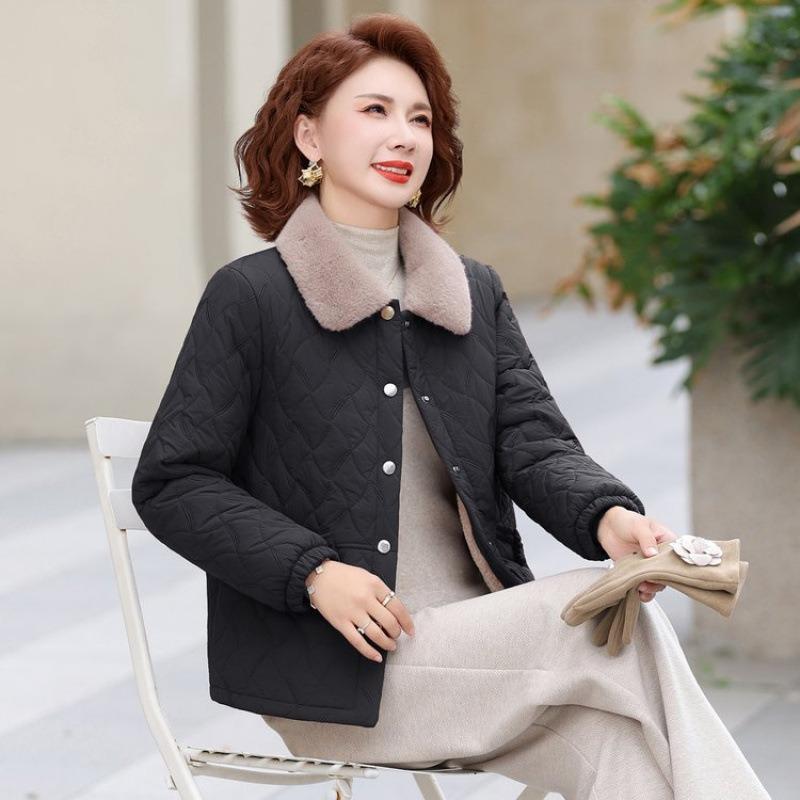 Medium Mother Fleece Thickened Cotton-padded Clothes Lapel Cotton Clothes Winter Warm Tops Middle-aged and Elderly Women's Short Coats