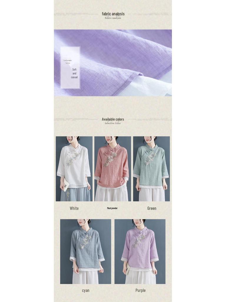 Женская ретро вышитая футболка с V-образным вырезом из хлопка и льна: Повседневный, Литературный Стиль для Коллекции Весна-Лето-Осень 2024