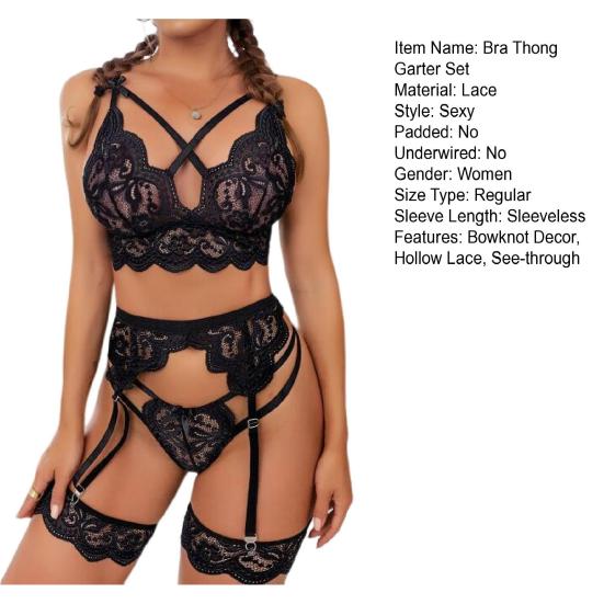 3 шт./компл. бюстгальтер-стринги с подвязками, декор с бантом, пуш-ап, подъемник для бедер, прозрачное полое кружевное нижнее белье, комплект корсета-стрингов