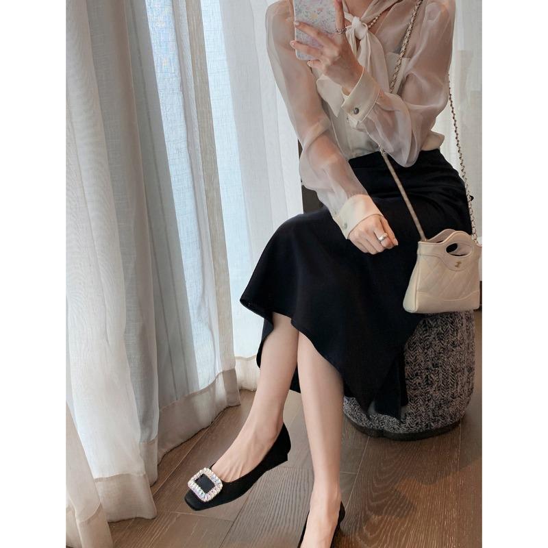 Rhinestone Shallow Mouth French Square Head Silver with Skirt Single Shoes Female Spring and Fall