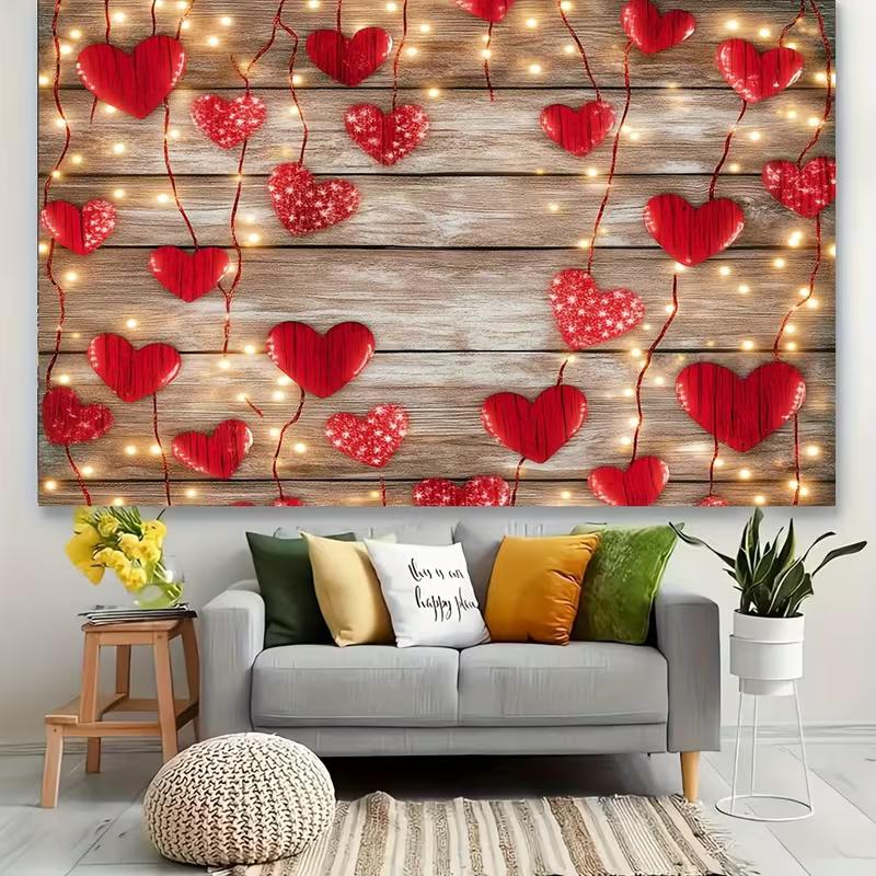 2D Flat Red Heart Fairy Lights Backdrop for Valentines Photo Booth