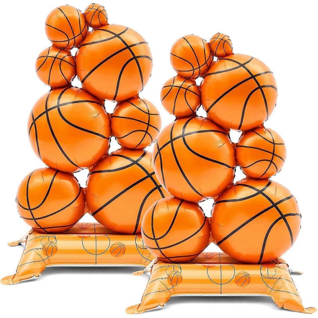 2 Pack Giant Self Standing Basketball Foil Balloons 3.5 ft with Field Base for Birthday Themed Party Decoration Sports Supplies Decor (Basketball Pile