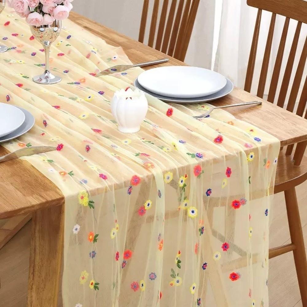 Colorful Flower Lace Tulle Runner Embroidery Daisy Floral Table Cover for Bridal Shower